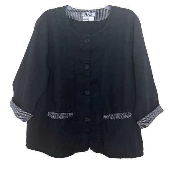 FLAX Linen Jacket Medium Button Front 3/4 Cuffed Sleeves Lagenlook Relaxed Fit - Picture 1 of 7